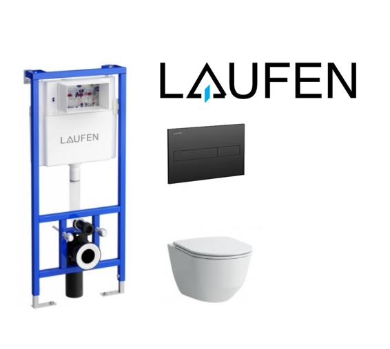 Potinkinis rėmas Laufen su juodu matiniu nuleidimo mygtuku ir pakabinamu klozetu Laufen Pro New rimless su plonu lėtai užsidarančiu dangčiu